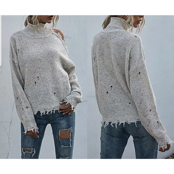 Coeur De Vague Sweaters - Coeur De Vague Women beige distressed trim cutout turtleneck sweater  Size L